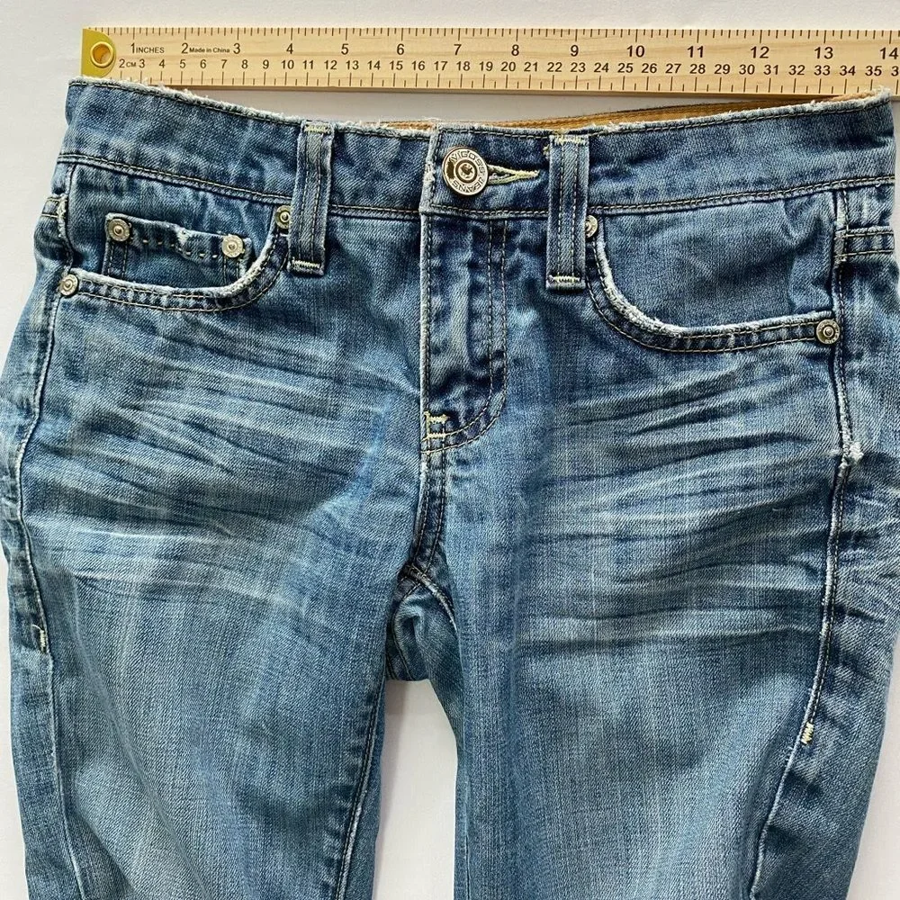 Vigoss Jeans Women's Size 3/4 (27) Distressed Blue Denim Raw Hem Y2K Mcbling